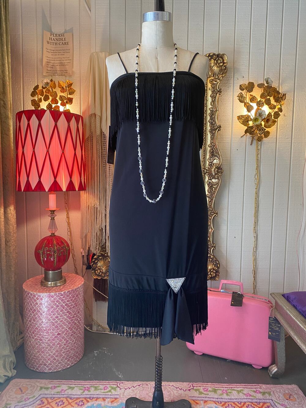 vintage 1970s black fringe cocktail dress, 1920s flapper style, rhinestone small